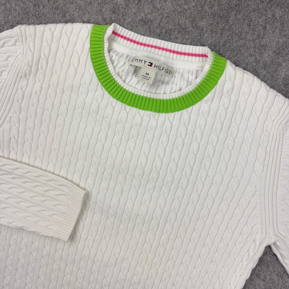 VTG Tommy Hilfiger Sweater Womens Medium White Cable Knit Crewneck Y2K Preppy